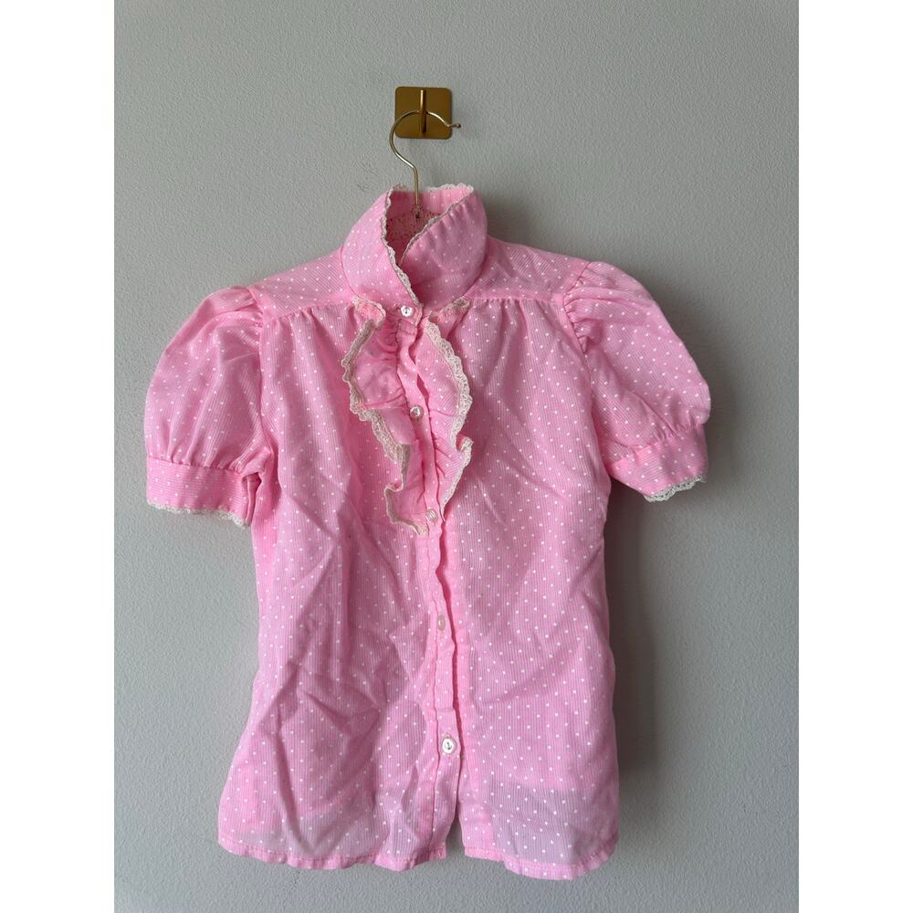 Vintage 70s Girls Pink Polka Dot Prairie Blouse Ruffle Lace Puff Sleeve Top 4T